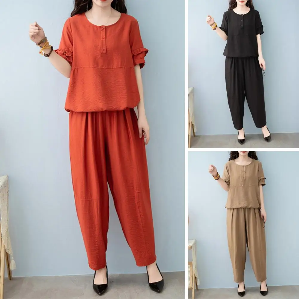 ชุดเสื้อผ้าผู้หญิงทรงหลวมชุดผ้าลินินผ้าฝ้ายผู้หญิงมีสไตล์ชุด 2 ชิ้นพร้อมกระเป๋าสําหรับฤดูร้อนผู้สูงอายุวัยกลางคนสําหรับผู้หญิง