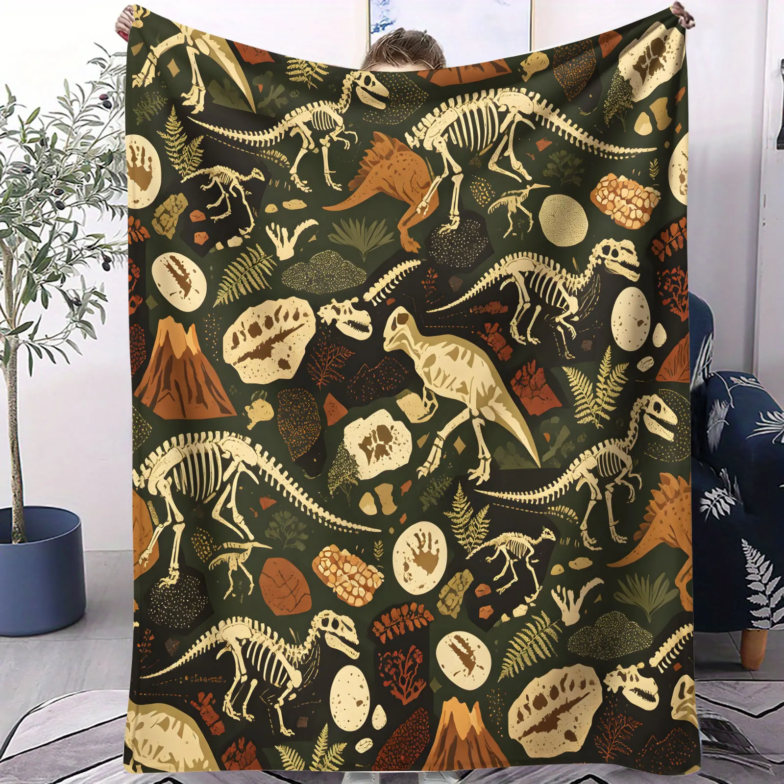 Vintage Dinosaur Skeleton Fossil Blanket Prehistoric Dino Bone Pattern Flannel Blanket Warm Cozy Throw for Couch Bed Outdoor