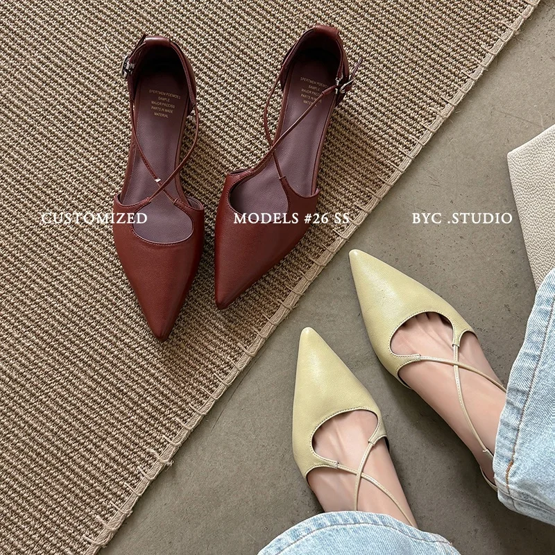 2026 new summer women sandals natural leather 22-25.5cm cowhide+sheepskin cross-strap pointed toe buckle low heel women shoes