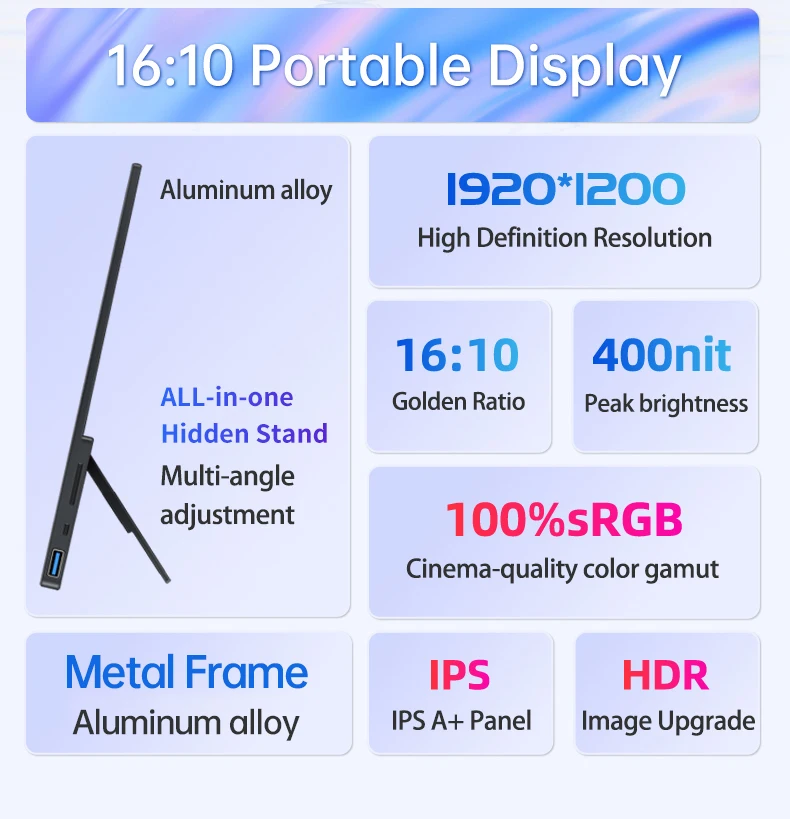 VCHANCE 14 Zoll FHD tragbarer Monitor 1920 x 1200p 100 % sRGB Utral Slim HDMI-kompatibles zweites Display für PC Laptop Switch XBOX PS5 – Detail 4
