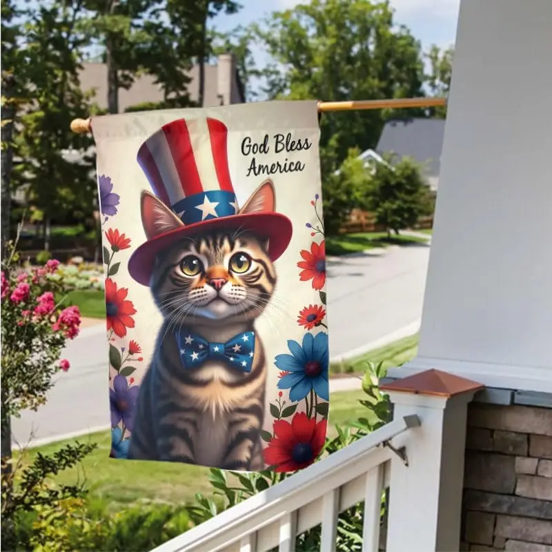 God Bless America 4Th Of July Garden Flag 12.5X18 Inch Vertical Double Sided Floral Star Cat Burlap Garden Flag Independence MMZ