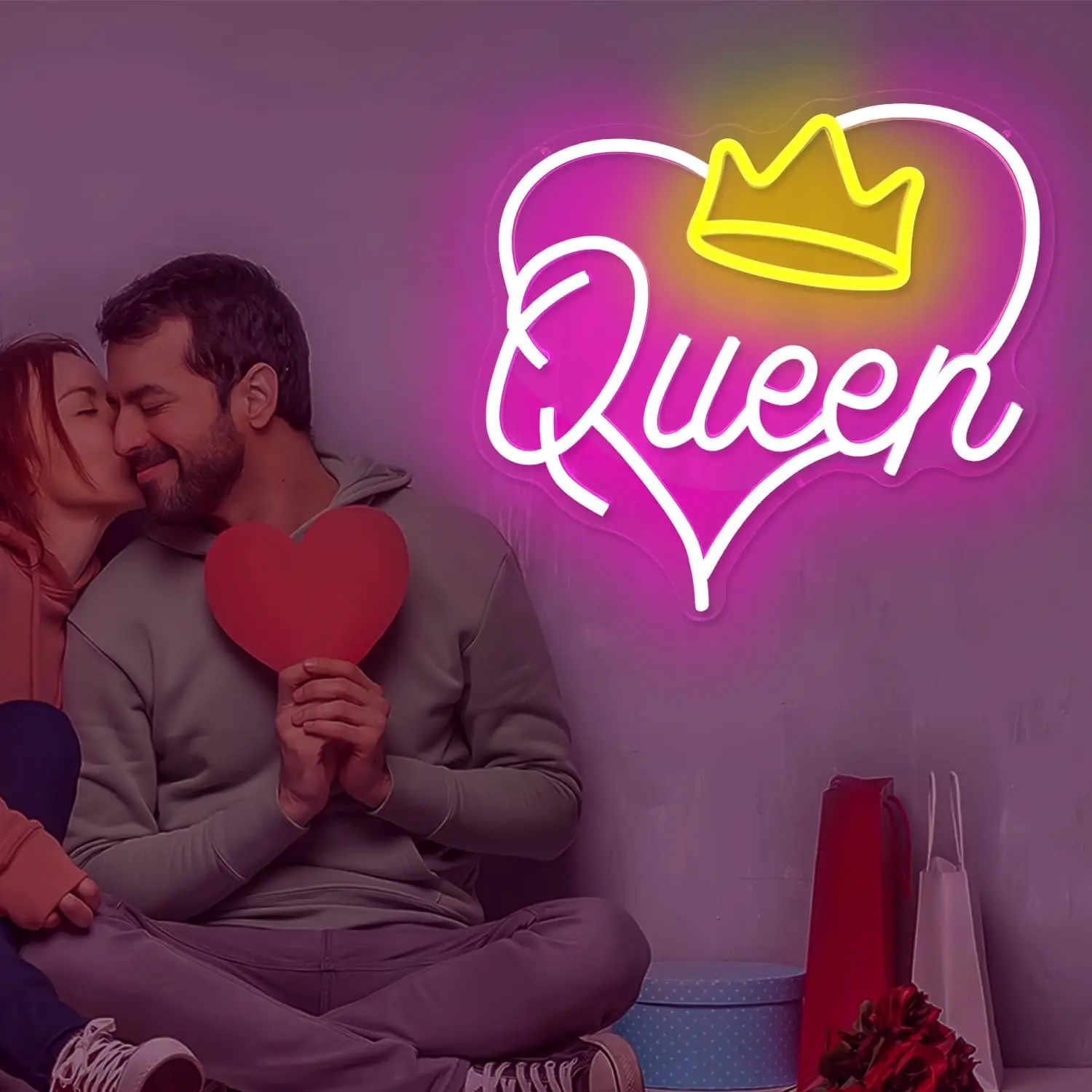 Queen Neon Sign Crown Queen Pink LED Heart Neon Light For Bedroom Room Party Wedding Backdrop Wall Decor Valentines Day Gift