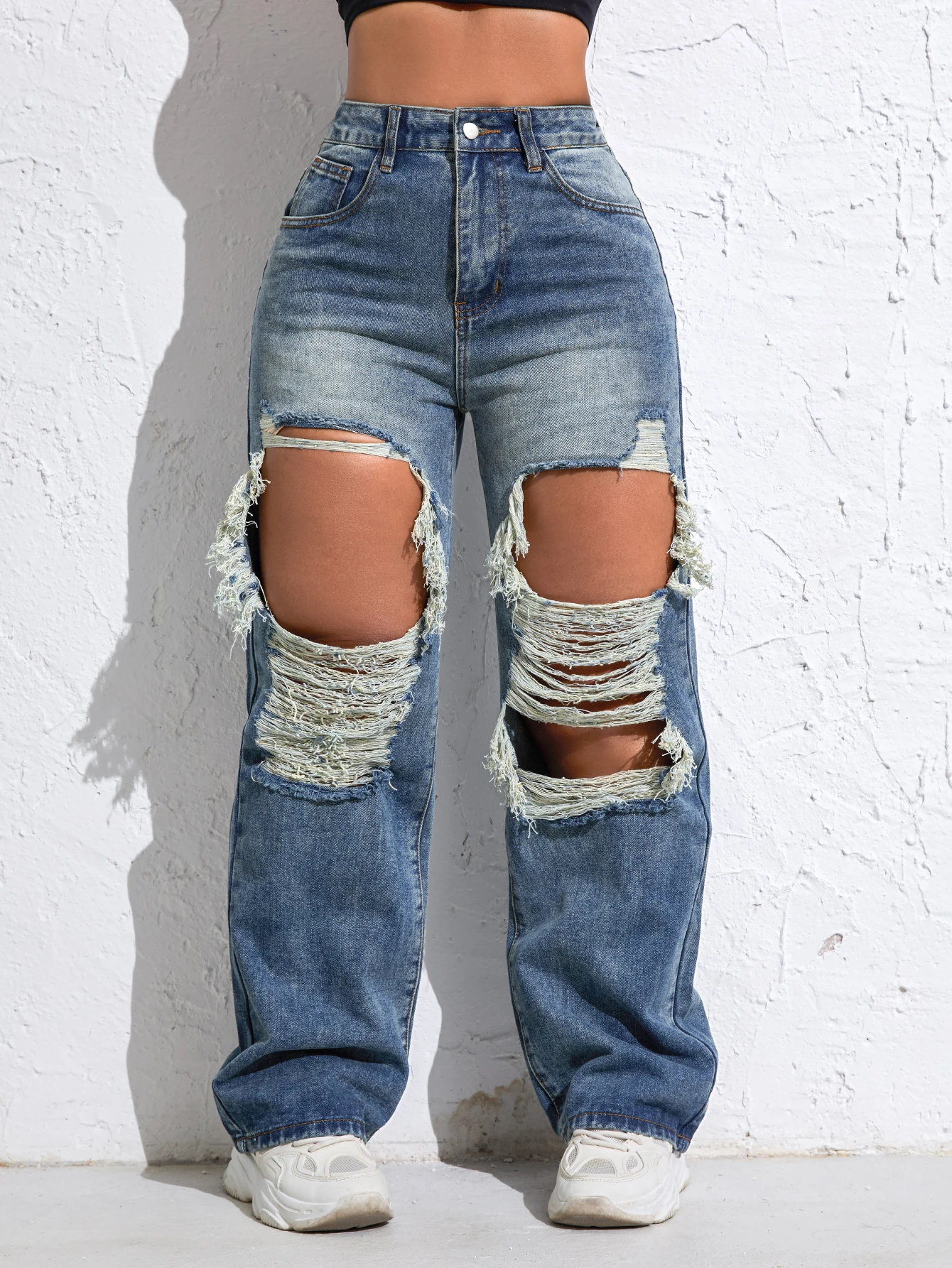 

Shascullfites Melody Women's Retro Straight Leg Jeans Blue Wash Ripped Denim Pants Wide Streetwear