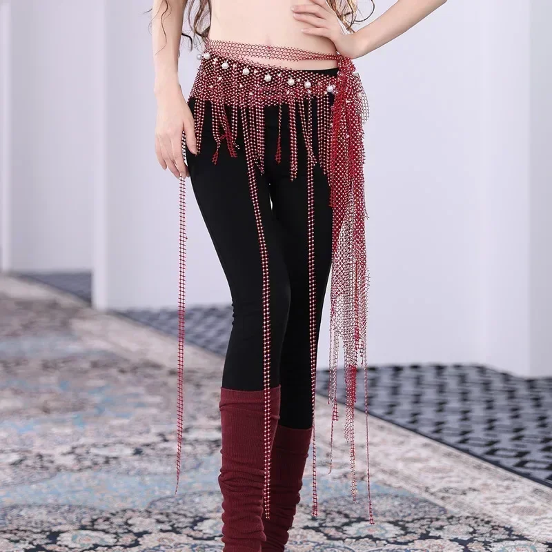 Belly Dance Triangle Mesh Diamond Hip Scarf Multi Layer Tassel Hot Drill Long Waist Chain Female Bellydance Team Practice Clothe