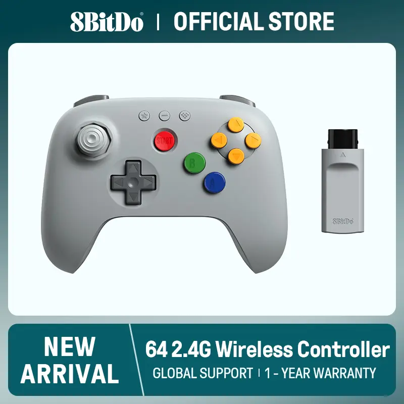 وحدة تحكم لاسلكية 8BitDo 64 بتردد 2.4 جيجاهرتز - متوافقة مع جهاز N64 الأصلي وأنظمة التشغيل