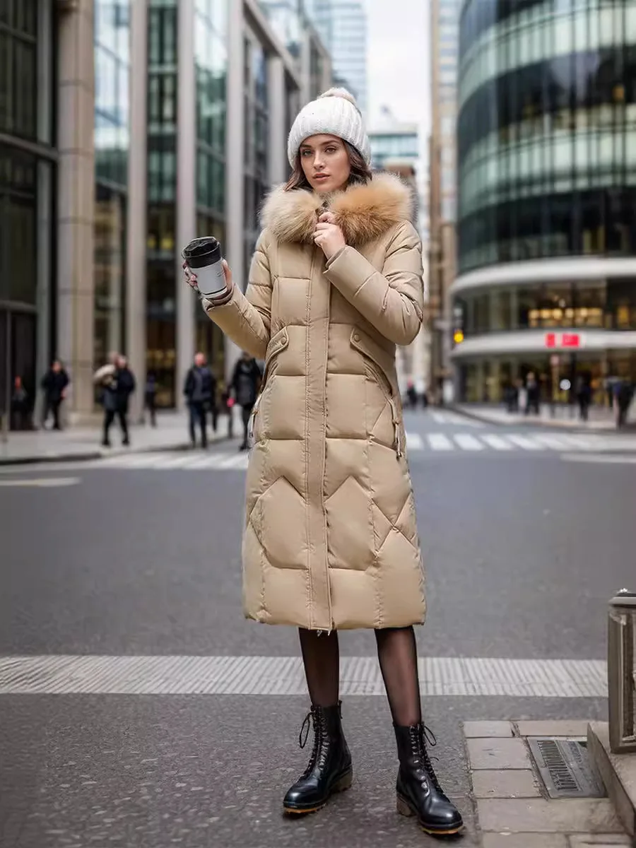 Winter Woman Parka Long 2024 New Down Coat Fur Collar Thicken Warm Loose Zipper Pockets Hodded Coat Female Stylish Woman Clothes