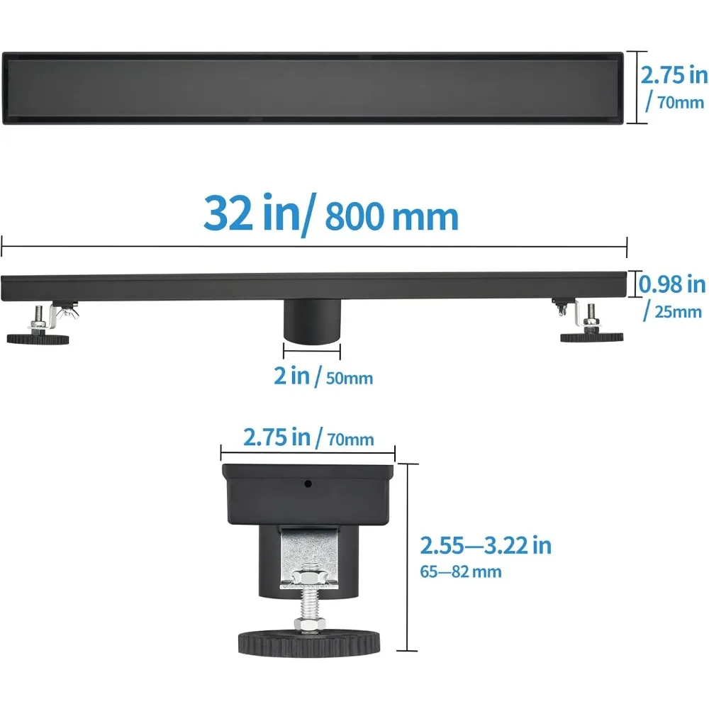 استنزاف دش مستطيل من الفولاذ المقاوم للصدأ 304 باللون الأسود مقاس 32 بوصة مع لوحات إدخال البلاط وصائد الشعر للتصميم الخطي