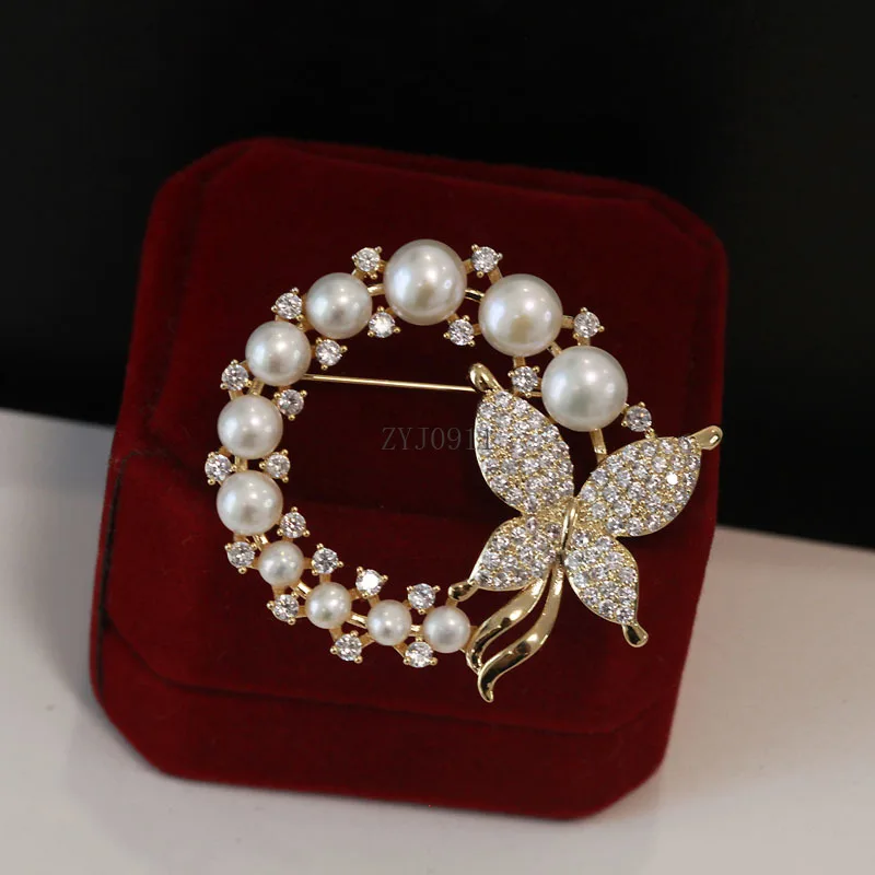 Perle d'eau douce papillon anneau broche haut de gamme femmes or doux polyvalent mode Corsage vêtements accessoires costume broche