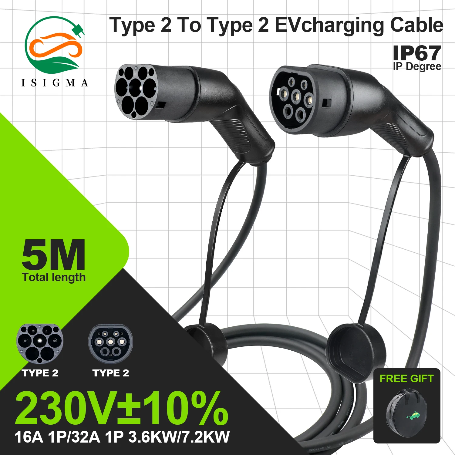 ISIGMA 16A/32A 1P 200V-240V نوع 2 إلى Type2 EV كابل شحن IEC62196-2 5M لمحطة شحن السيارة الكهربائية #1