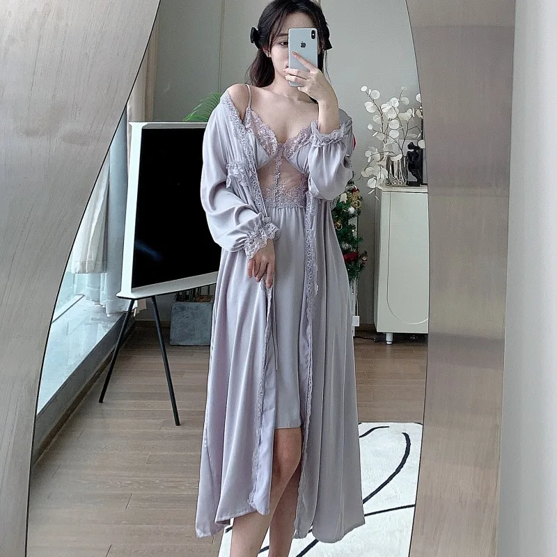 Bruid Trouwjurk Pak Vrouwen Ochtend Kimono Badjas Nachtjapon Set Kanten Nachtkleding Zomer Satijnen Huisjurk Loungewear