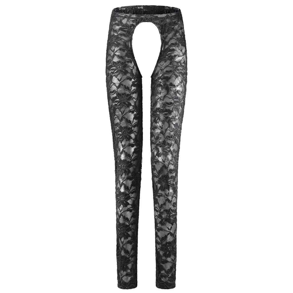Men's Floral Lace Crotchless Sheer Pants, Open Crotch Transparent Lingerie Leggings - view 5
