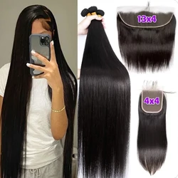 12A Straight Bundles with Closure Peruvian Virgin Human Hair Bundles With Frontal 13x4 Transparent Lace Hair Bundle Extensions