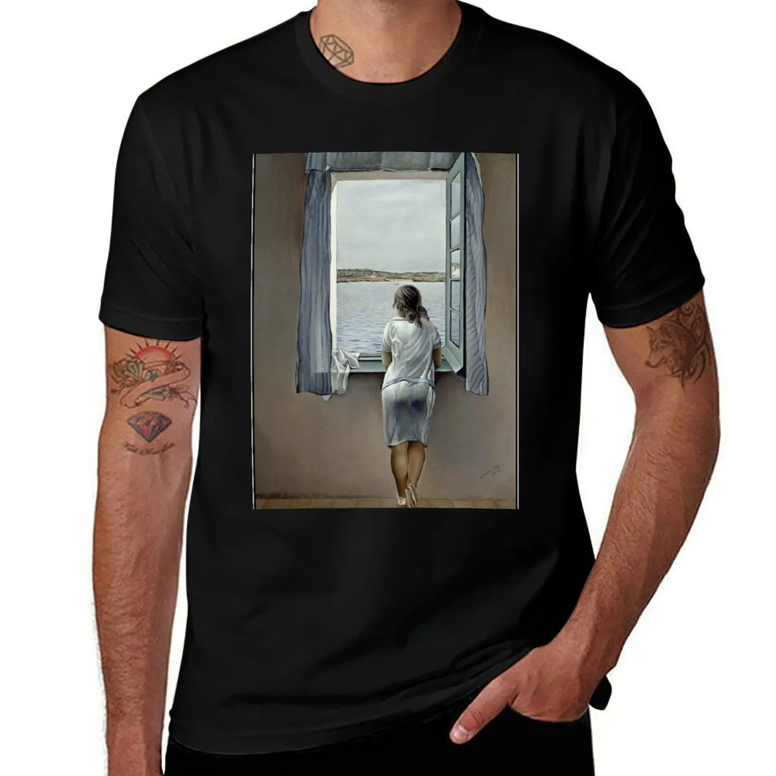 WOMAN IN THE WINDOW : Vintage 1925Painting Print T-Shirt Summer Fashion Casual Tee Shirt T-Shirt