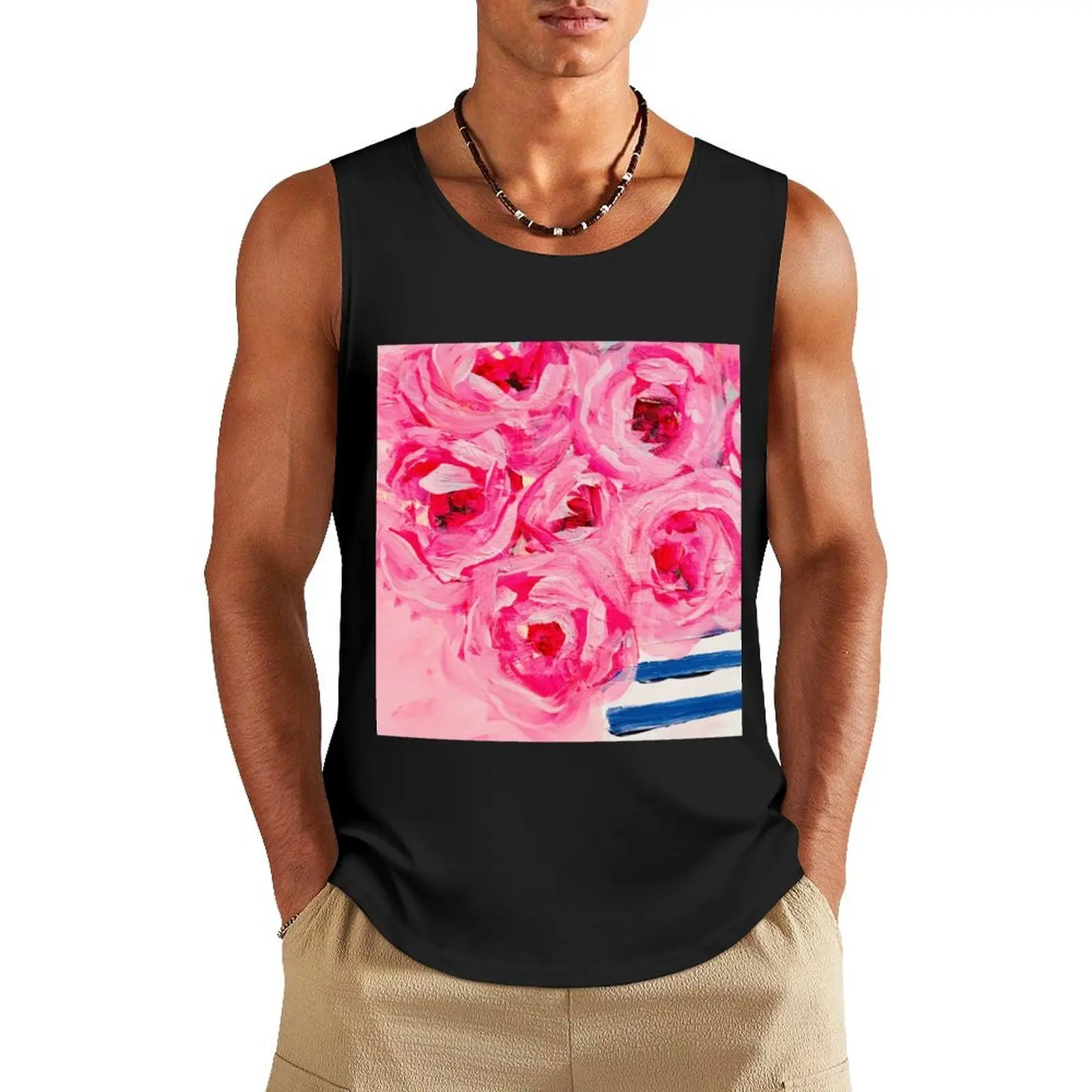 

Pink Flowers in Blue Stripe Vase Tank Top sleeveless jackets cute tops Man summer clothes