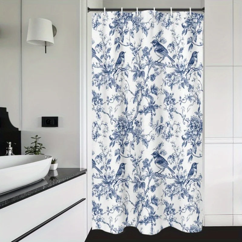 Vintage Style Porcelain Shower Curtain - Blue and White, Birds Design, Includes 12 Hooks, Perfect for Artistic Bathroom Decor