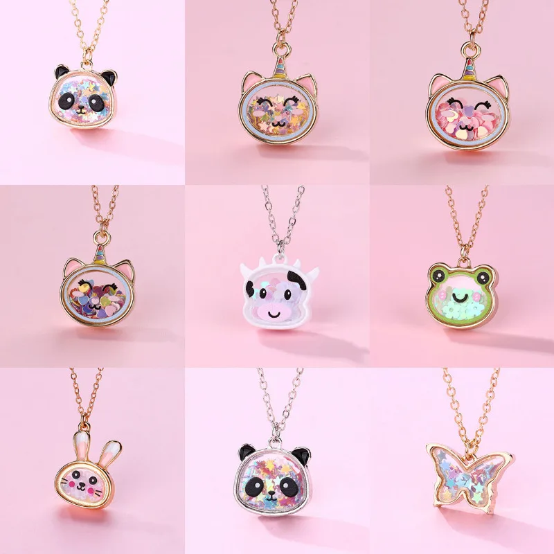 

Lovecryst 1Pcs Cartoon Cute Animal Bear Cattle Frog Rabbit Butterfly Glitter Necklace for Children Birthday Party Gifts