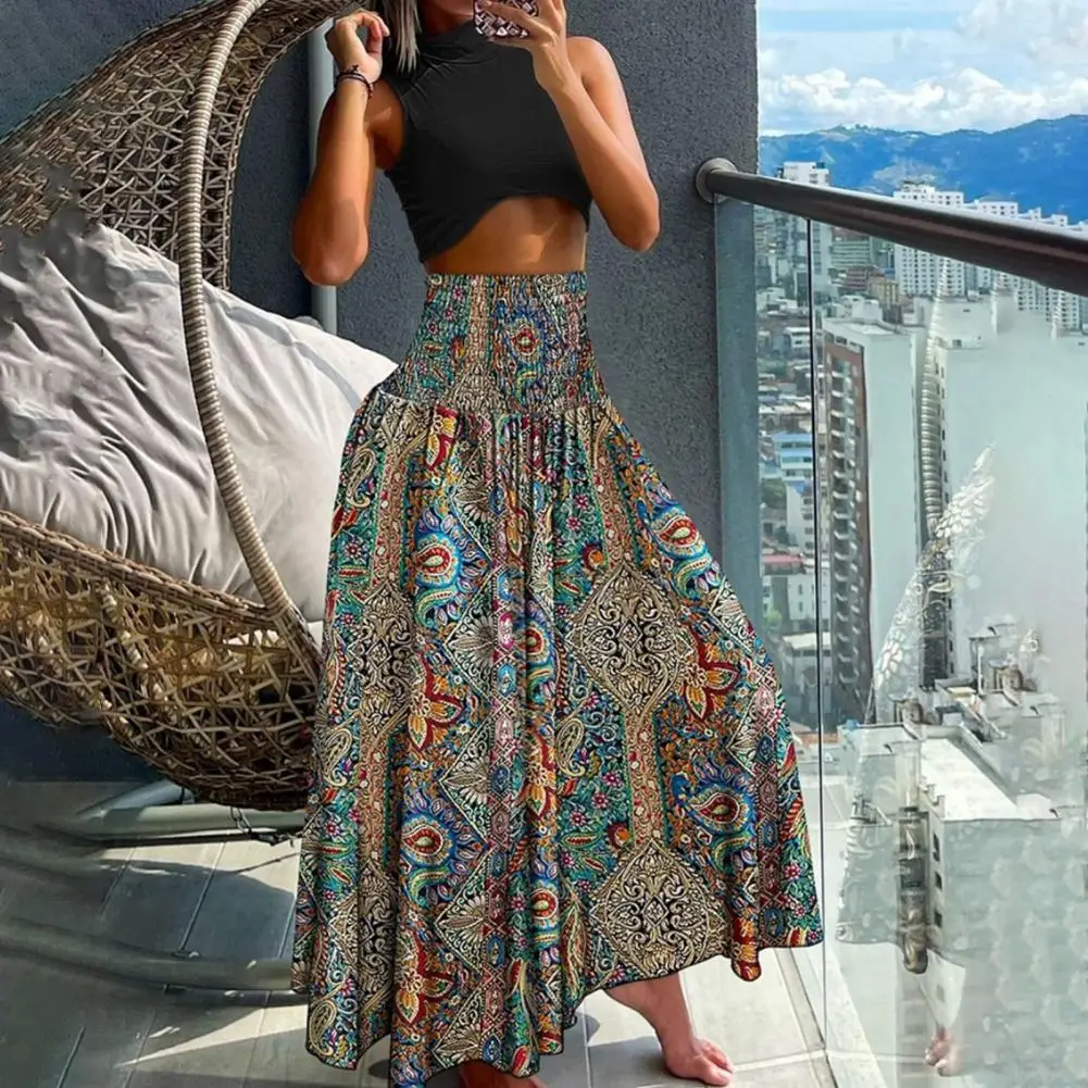 

High Waist Skirt Vintage Retro Printed Maxi Skirt For Women High Waist A-line Style With Wide Elastic Waistband Summer