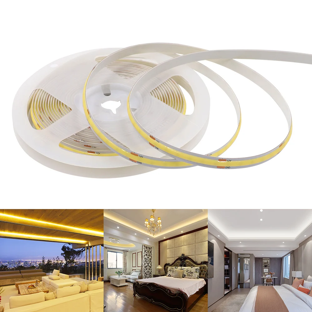 5V 12V 24V COB LED Strip Light 320 480 384 528 LEDs High Density Linear Lighting 5mm 3mm 8mm PCB RA90 Flexible Tape Warm White