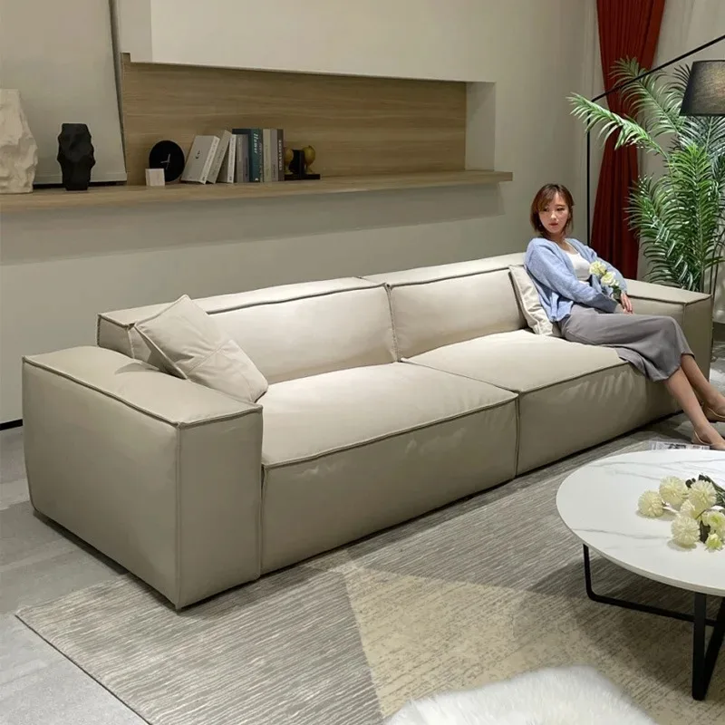 Tofu block leather sofa small apartment living room Italian minimalist straight row three or four people first layer cowhide sof