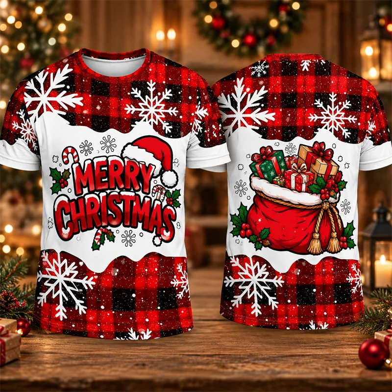 Gingerbread Houses Meet FA LA LA Lettering on a Men's Xmas T Shirt Short Sleeve Plaid Novelty Tee for Family Holiday Gatherings