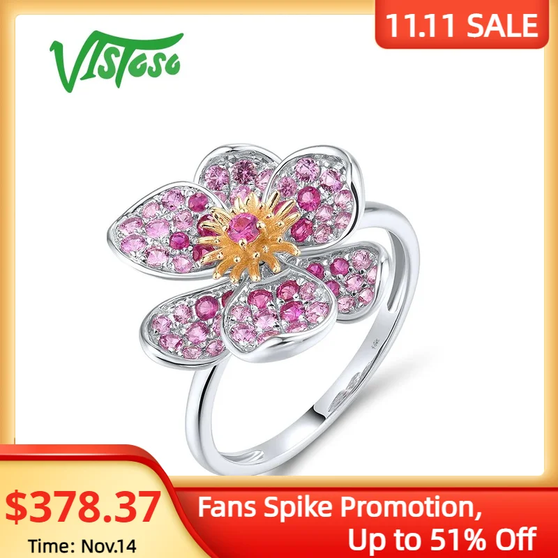 VISTOSO Pure 14K 585 Two-Tone Gold Ring For Women Sparkling Pink Sapphire Ruby Blooming Flower Wedding Party Chic Fine Jewelry