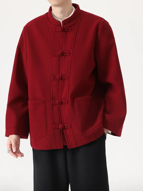 

Мужская шерстяная куртка свободного кроя, красная, в китайском стиле, для свадьбы и помолвки, большой размер, зимняя верхняя одежда, теплая, простой дизайн