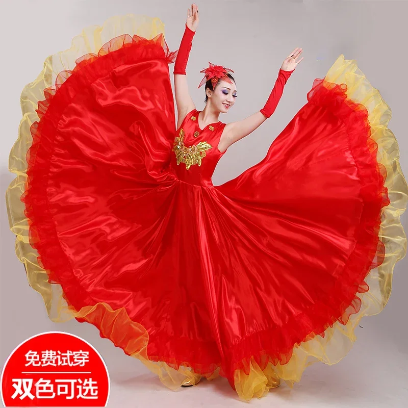 Rosso femminile lungo gonna intera spagnolo Flamenco nazione Costume da ballo apertura vestito da ballo Performance Costume Stage Chorus Suit H600