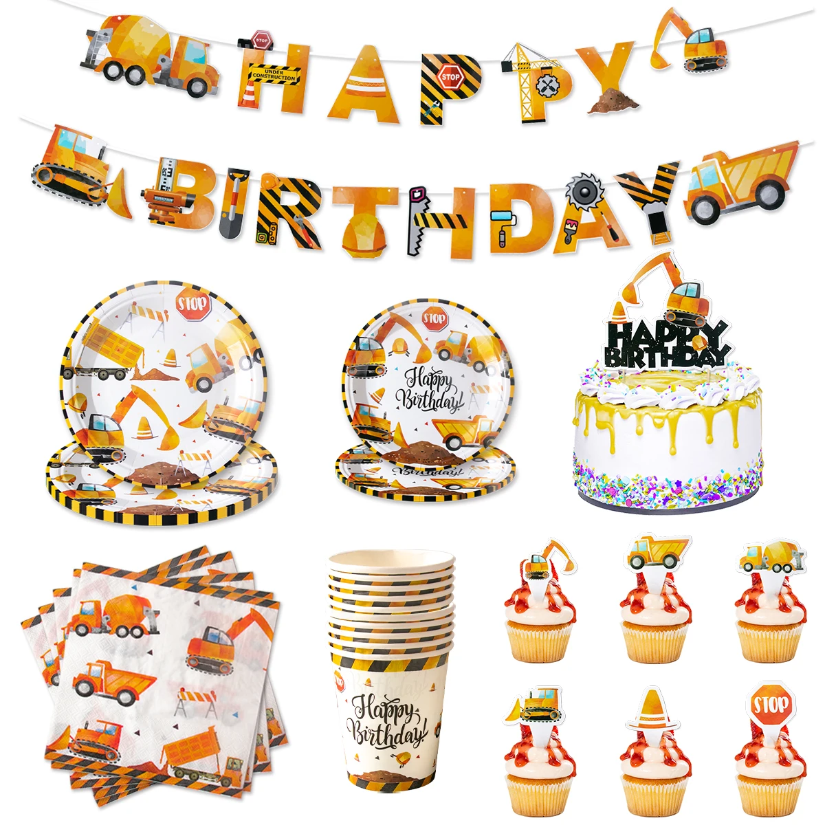 Construction Vehicle Birthday Party Supplies Tractor Excavator Paper Plate Cup Disposable Tableware Kids Birthday Party Supllies