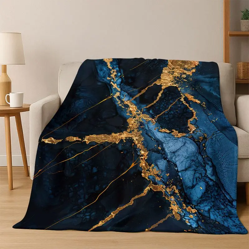 Luxurious Marble Colorful Gold Black Flannel Blanket Soft Warm Blanket Throw Blanket for Bedroom Living Room Bed Travel Picnic