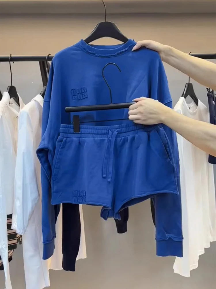 

Blue Hoodie Dstring orts Two-Piece Set Women's Faion Casual Sle Spor Look Early Autumn Anti-Aging Outfit Korean Sy...