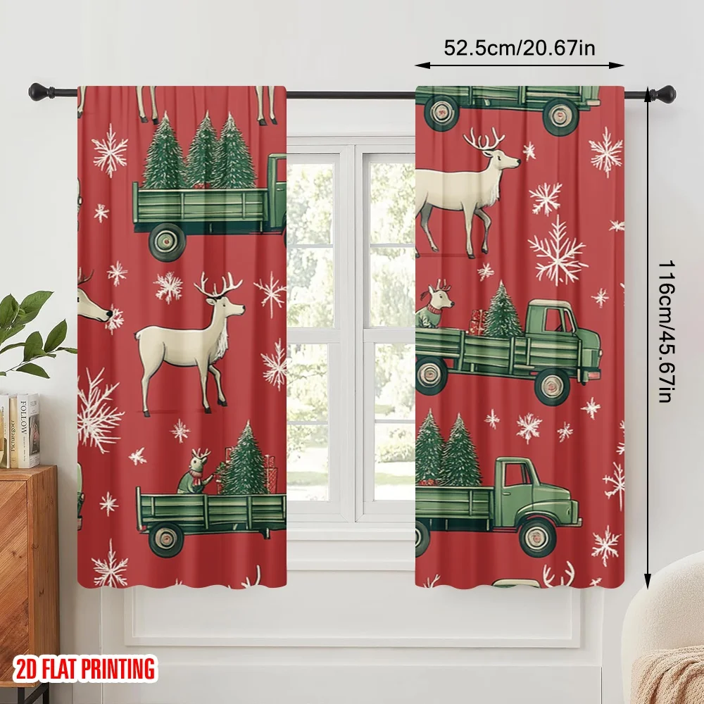 2pcs,2D plane printing Minimalist Curtains Christmas trucks reindeer trees (2) Versatile Polyester (without rod) Home Decor