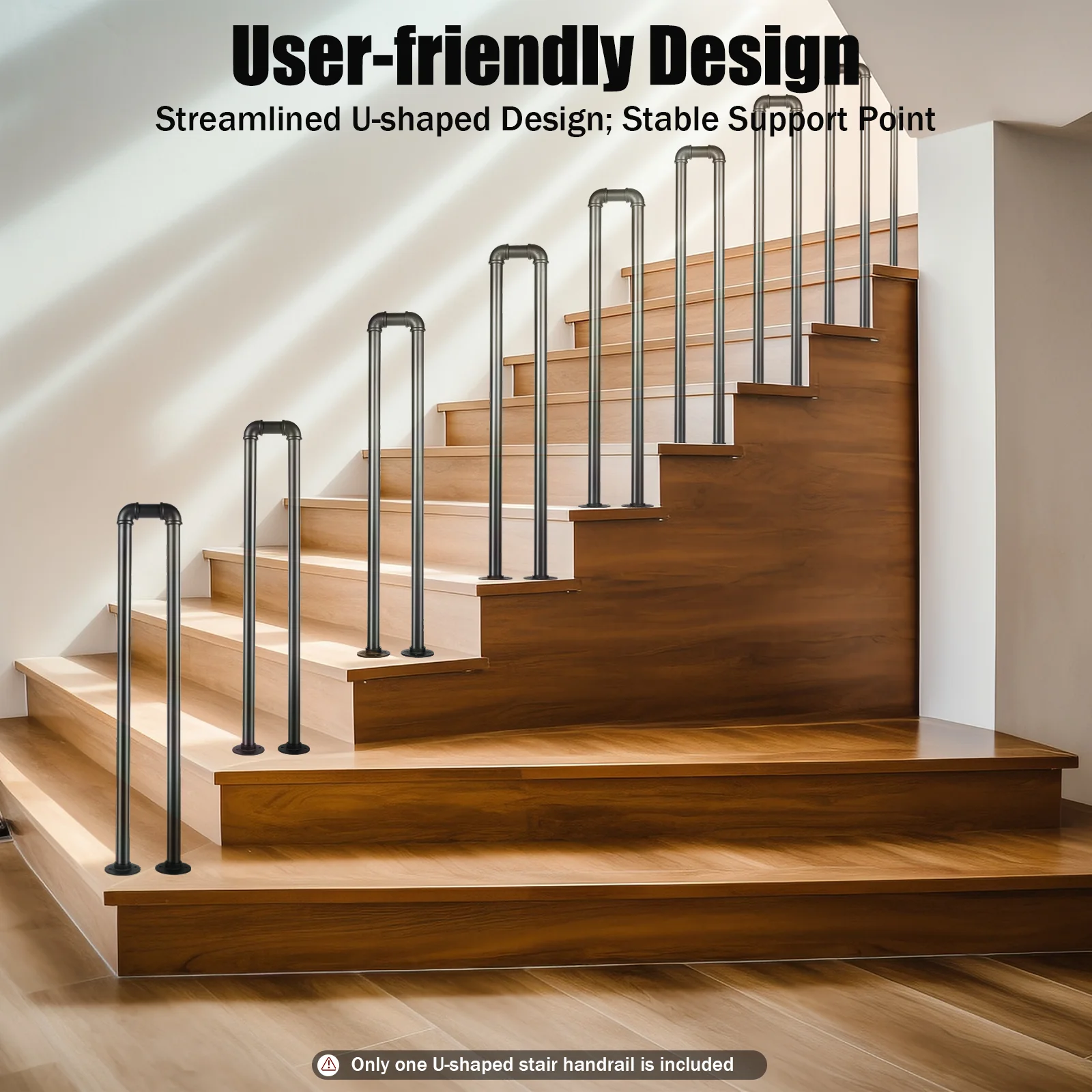 Matte Black U-Shaped Stair Handrail, Industrial Galvanized Steel Safety Railing - 110LBS Load Capacity