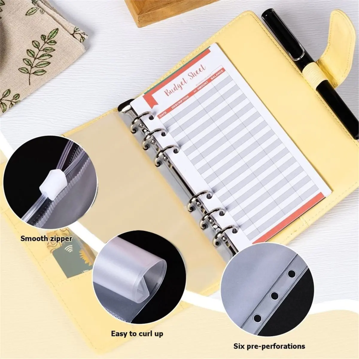 Home Tool A6 Binder Refillable Planner Notebook PU Leather Binder Journal with Pockets, Dividers, Refill Paper Black