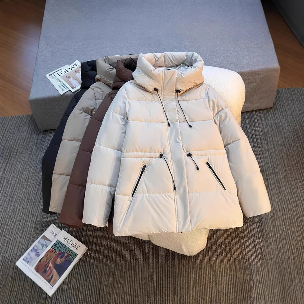 Hooded Padded Coat Zip Up Long Sleeve Pockets Loose Fit Solid Color Mid Length Warm Thick Winter Cozy Outerwear Women's Jacket