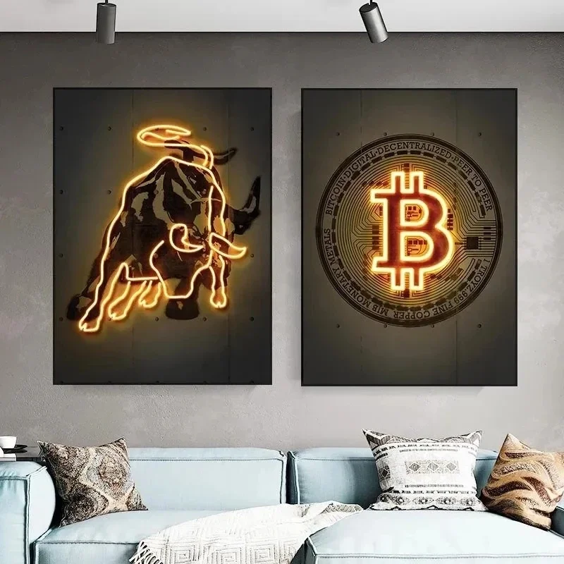 Neon Golden Bitcoin Poster Abstract Crypto Currency Canvas Painting Wall Art Pictures Modern Living Room Home Decor