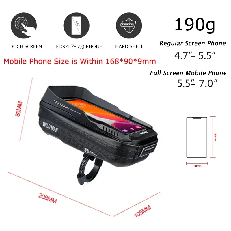 WILD MAN mobile phone rain proof and sunshade bicycle handle bag front phone holder touch screen bag