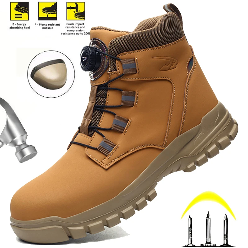 Men's Indestructible Work Shoes Steel Toe Water-Resistant Safety Boots Women's Light Weight Anti-Puncture with Rotary Button