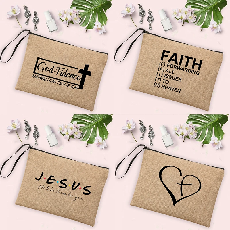 Jesus Faith Cross Print Christian Linen Wristlet Clutch Bag Beach  Vacation Handbag Travel Wash Organizer Case Makeup Bags Gifts