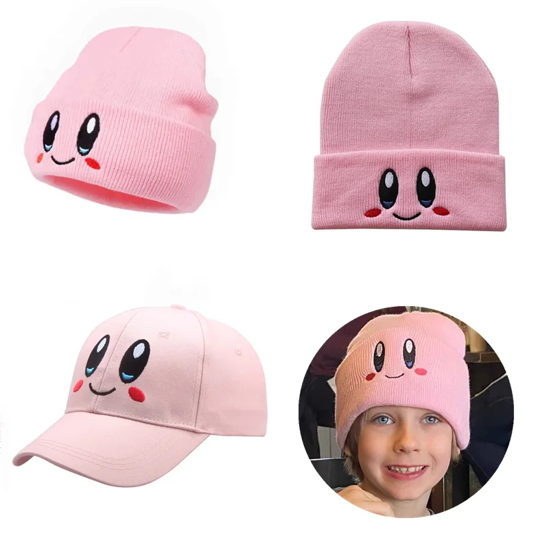 Anime Smiling Face Pink Kirbys Warm Hat Cosplay Windproof Versatile Knitting Embroidery Cap Personality Trend Outdoor Hat Riding