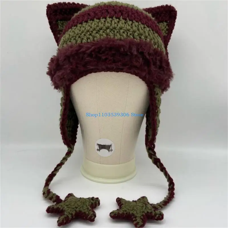 400A Crochet Stripe Pattern Ear Hat with Dangle Star Tassels Winter Knitted Hat Cold Winter Presents for Students Teens