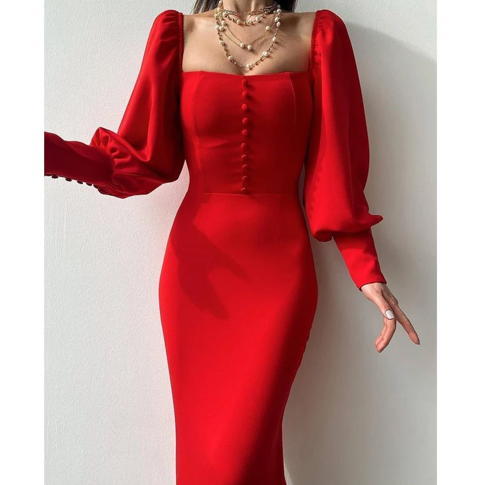 

Elegant Red Short Evening Dress Square Collar Long Lantern Sleeves Sheath Tea-Length Women Open Back Back Slit with Buttons Gown