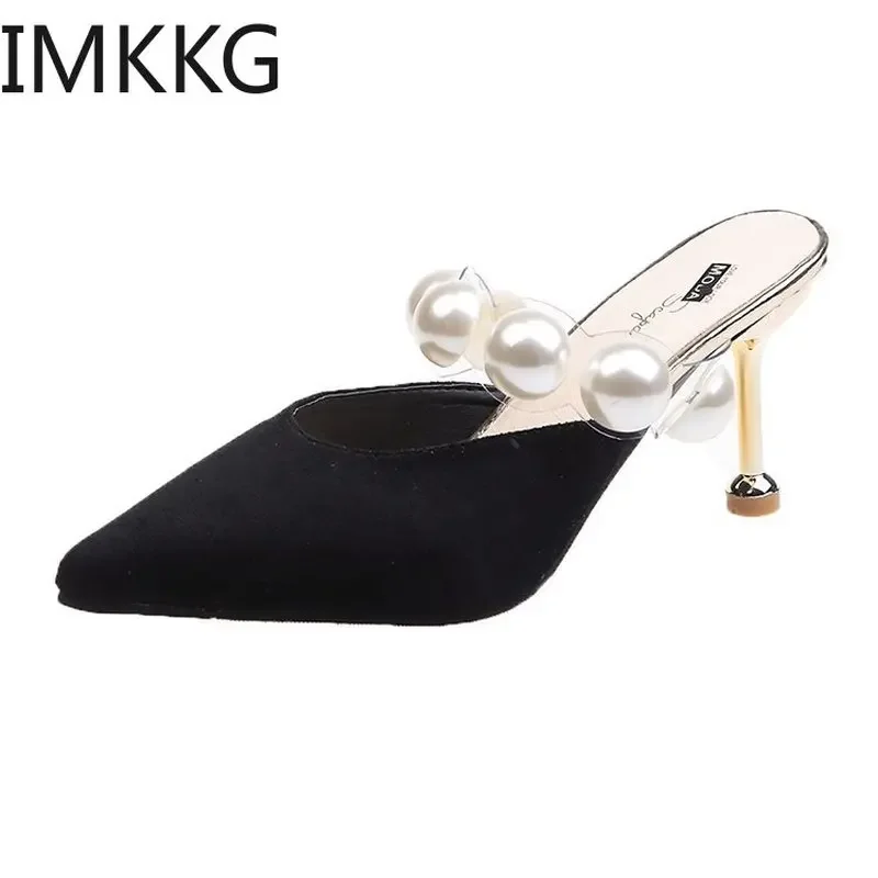 Pearl Black Sandals Women Summer Autumn Shoes Woman Thin Heels 2020 Womens Outdoor High Heels Woman mules