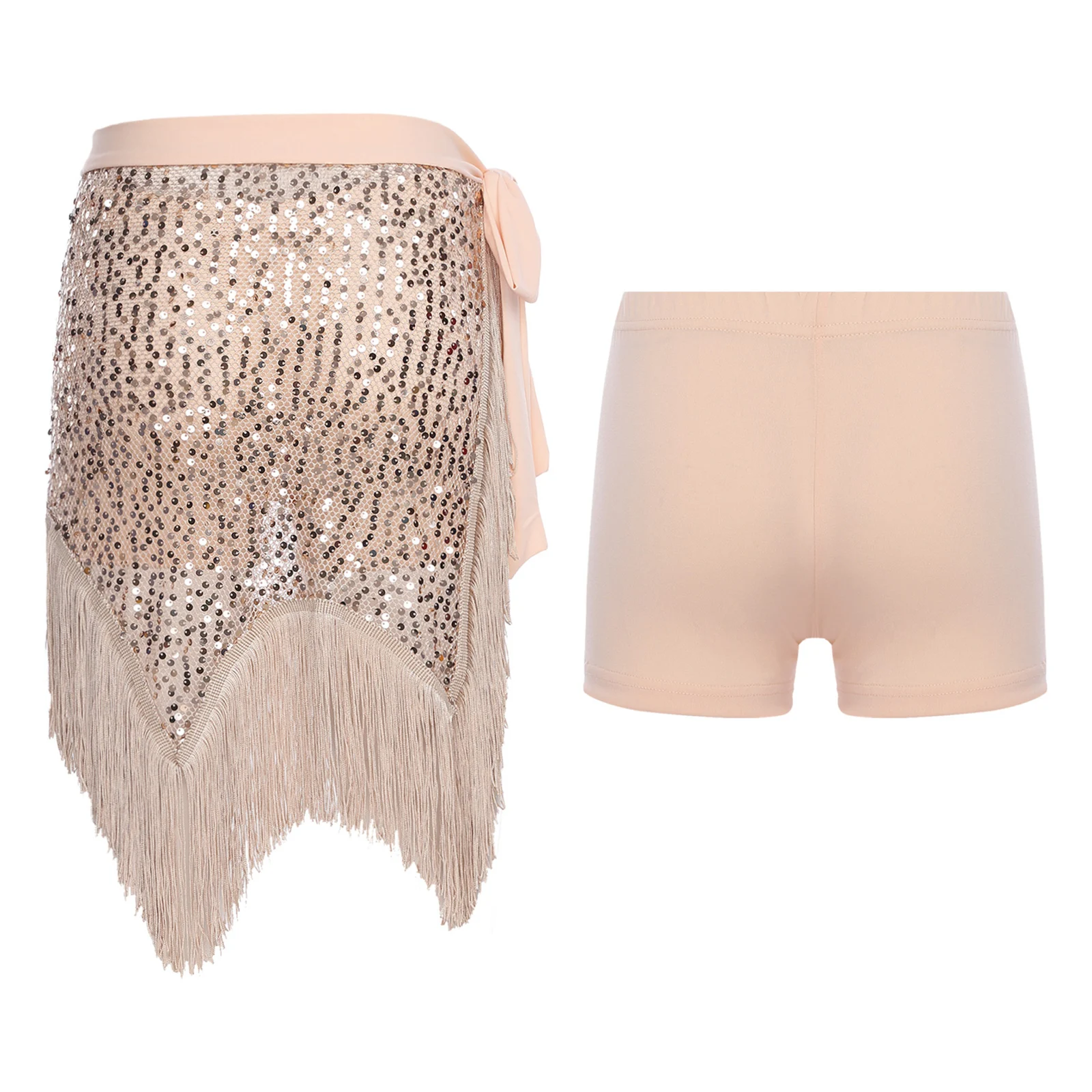 Bauchtanz-Hüfttuch und Sicherheitsshorts für Damen, Pailletten-Quastenbesatz, seitliche Schnürung, unregelmäßiger Hüftrock, Shorts, lateinamerikanische Tanzkostüme