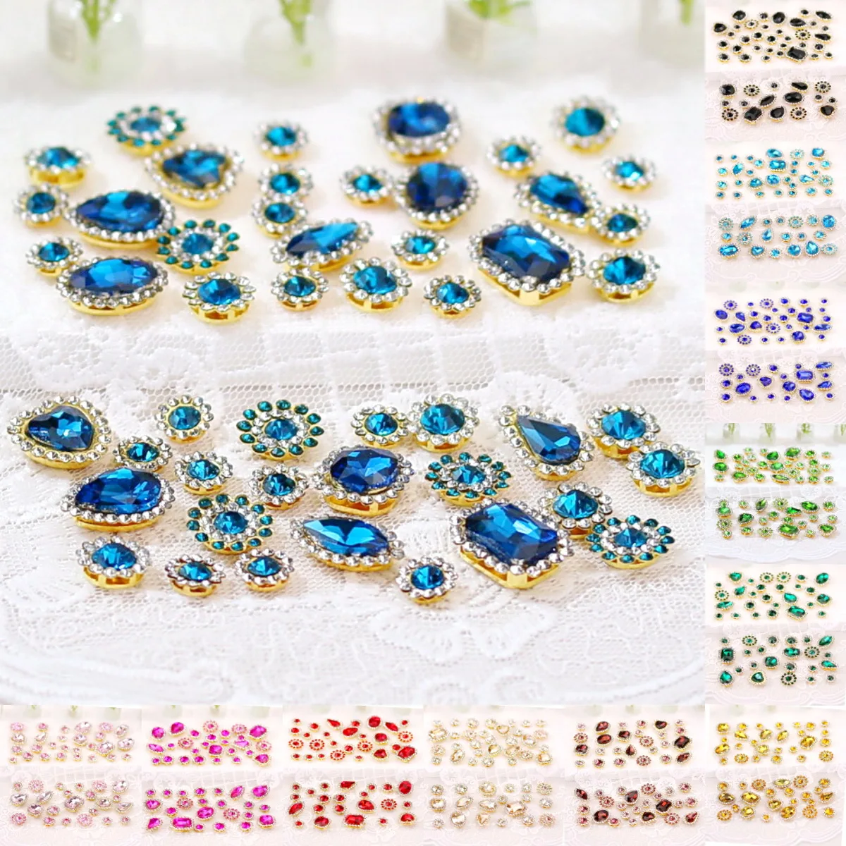 Formenmix Sonnenblumen-Typ, Glaskristall-Strasssteine mit Goldbasis, flache Rückseite, zum Aufnähen, Strassperlen für Schuhe, Kleidung, DIY-Verzierung – Detail 1