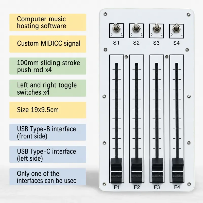 USB MIDI CC Controller 100mm Motorized Fader 4 Push Buttons 4 Toggle Switches for Music Production DAW Studio