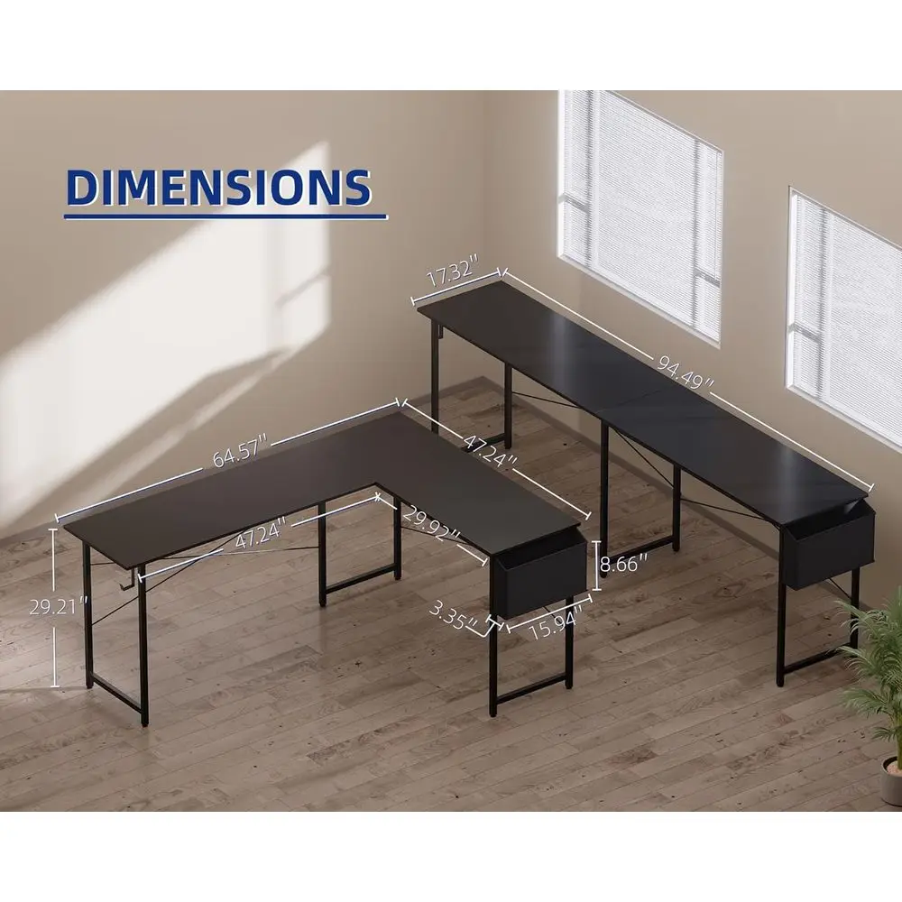 مكتب ألعاب زاوية كبيرة، 64.5 قابل للعكس على شكل حرف L مع مساحة تخزين، أسود للمكتب المنزلي، الكتابة، الدراسة