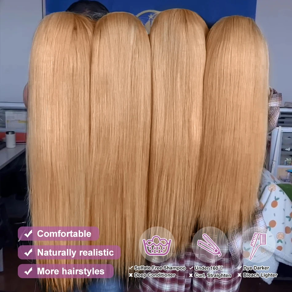 27番 ハニーブロンド人毛ウィッグ ストレート 36インチ ウィッグ 人毛HDフロント 13x6 ブラジル人毛ウィッグ 女性用 ブリーチノット