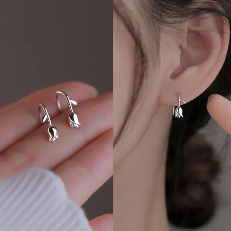 Fashion Silver Color Tulip Flower Stud Earrings for Women Girls Simple Unique Sweet Romantic Jewelry Party 2024 New Trend