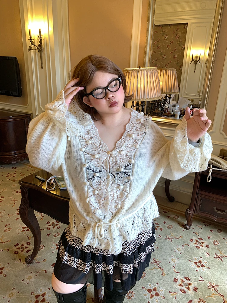 

Женский вязаный кардиган большого размера из бархата с ажурным цветочным узором, свободный крой, французский стиль, длинный рукав