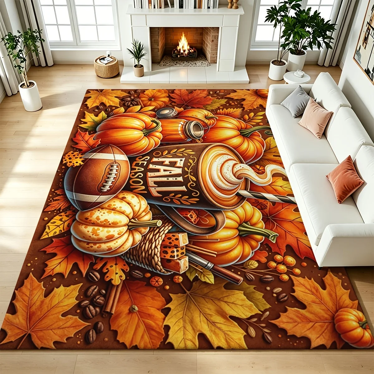 Autumn Maple Leaf Rectangle Area Rug, Fall Season Foliage Printed Floor Carpet, Warm Harvest Living Room Indoor Home Decor